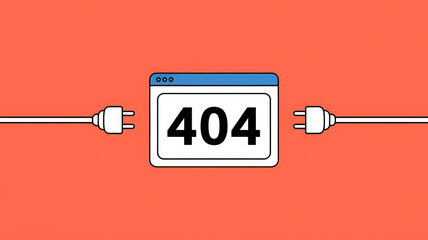 404 error message in a window icon with unplugged power cords on a red background.