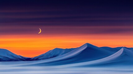 Wall Mural - a sunset view of a mountain range with a crescent moon in the sky