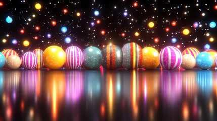 Wall Mural - Colorful Sphere Collection Reflecting Light on a Dark, Glittering Surface