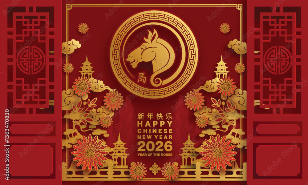 Happy chinese new year 2026 the horse zodiac sign with flower,lantern,asian elements red and gold color paper cut style on color background. ( Translation : happy new year 2026 year of the horse )