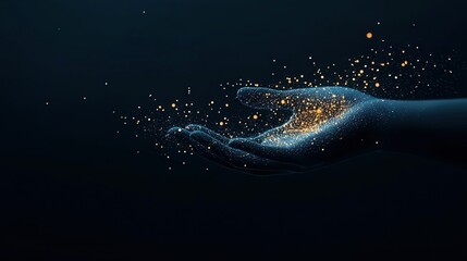 Wall Mural - a person holds a glowing object in their left hand, with gold flecks emanating from it
