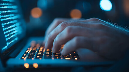 Close Up Hands Typing on Laptop Keyboard at Night Blue Light