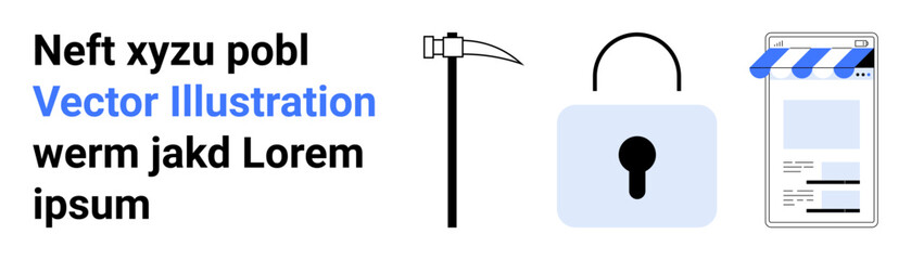 Pickaxe, locked padlock, and online storefront represent data security, hacking risks, and e-commerce protection. Ideal for cybersecurity, hacking, data encryption, e-commerce safety online