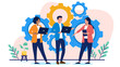 © Knut - Businesspeople teamwork and collaboration concept - Group of three people with laptop computers working on project together with cogwheels in background. keep the wheels turning concept in flat design
