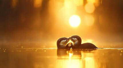 Wall Mural - a pair of birds perched atop a tranquil lake, in serene harmony with the surrounding body of water