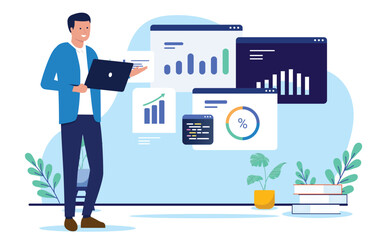 Leinwandbilder - Businessman with charts and data - Man in professional clothing standing working and analysing diagrams and business financial graph results. Flat design vector illustration with white background