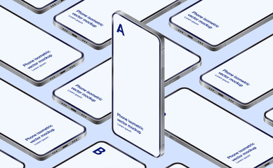 Poster - Vector mobile phones mockup template - Set or group of several unbranded smartphones in cool isometric perspective view neatly organised with blank white screens on light blue background.