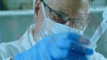 Canvas Print - scientist wearing mask and gloves examining data processing animation over world map