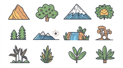 Nature icons mountains, trees, plants, waterfall; website design