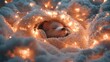 © Olga - A stuffed animal with headphones in a pile of snow with lights on the sides of its ears