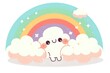 © Yuliia - Cute kawaii ghost character with happy face floating among fluffy clouds and colorful rainbow in pastel colors against mint green sky with stars.