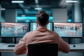 Young caucasian male programmer working on multiple computer screens in modern office