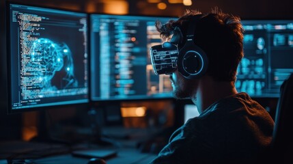 Futuristic software engineer immersed in a brain-computer interface development