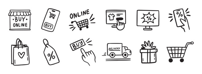 e-commerce online shopping doodle hand drawn icon set. outline drawing e-commerce online shopping li