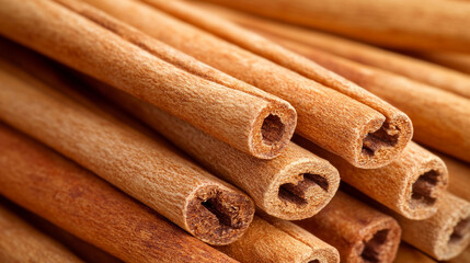 Wall Mural - pile of cinnamon sticks, showcasing their textured surfaces and natural color, representing warmth, flavor, and the aromatic qualities of this popular spice