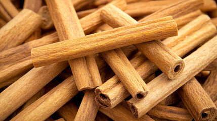 Wall Mural - pile of cinnamon sticks, showcasing their textured surfaces and natural color, representing warmth, flavor, and the aromatic qualities of this popular spice