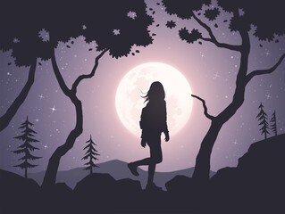 Poster - Girl walks on rocky ground. Hiking at mountain range. Full moon in sky