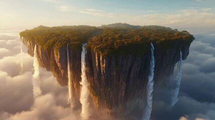Wall Mural - Majestic floating island with lush forests and waterfalls above clouds in serene sunrise lighting