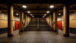 © artzone - Symmetrical View Of A Tunnel Entrance With Staircase Wooden Columns And Red Details Under Dim Lighting