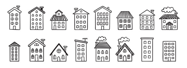 House building with roof doodle hand drawn icon set. Outline drawing house building with roof line clipart symbol collection
