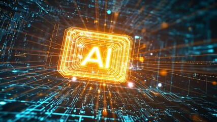 Wall Mural - ai chip: an illuminated microchip emblazoned with 'ai' glows brightly within an intricate network of