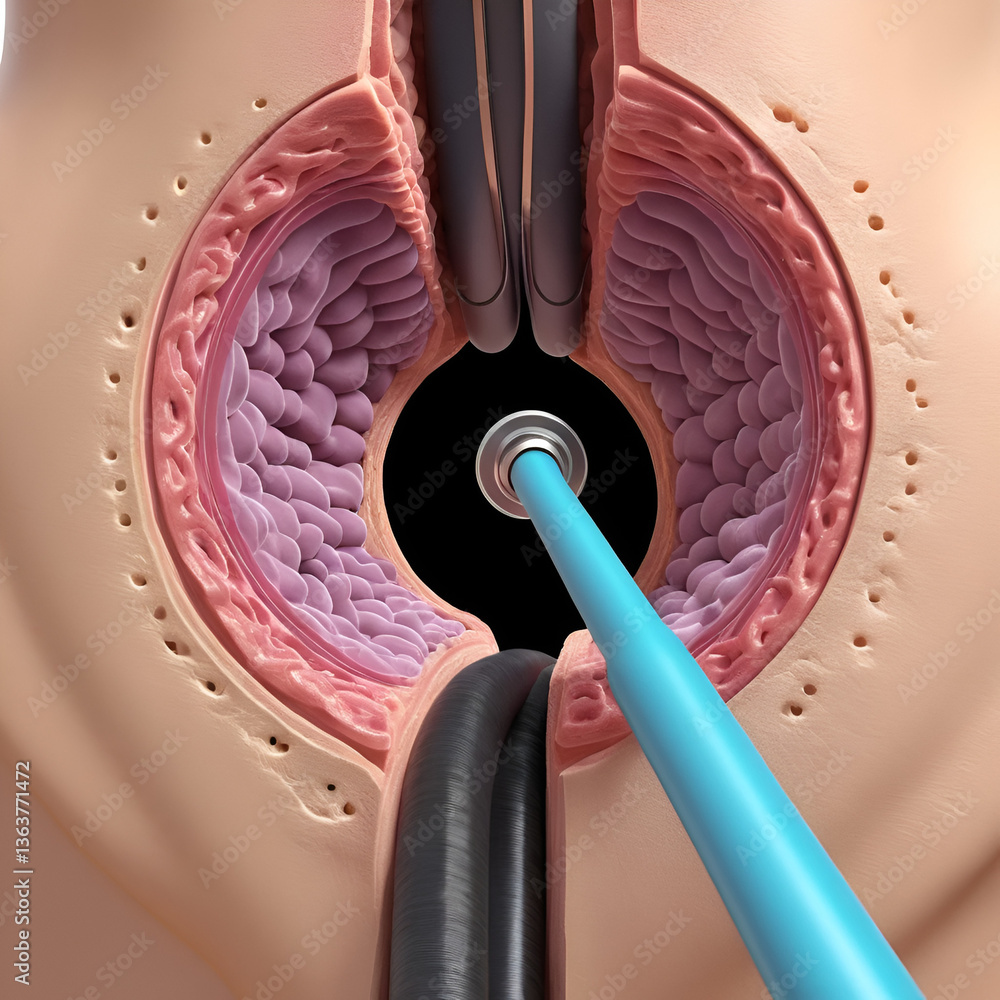 Colorectal cancer, malignant tumor in intestine, Endoscope inside ...