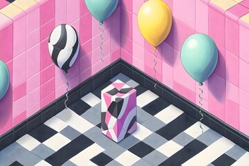 Wall Mural - abstract geometric pastel cubes and balloons in minimal 3d rendered interior space