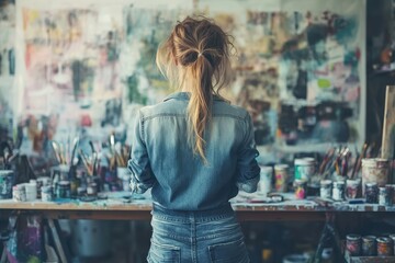 Poster - Woman prepares her creative workspace with organized paint cans and tools in a bright, modern studio for an inspiring painting session