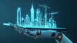 © sukrisna - Robotic hand holds a tablet displaying a futuristic city model in construction