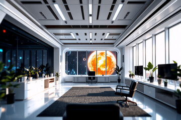 Poster - Futuristic office interior featuring a large window displaying a vibrant cosmos view with planets and stars.  Modern design with sleek furniture and bright lighting.