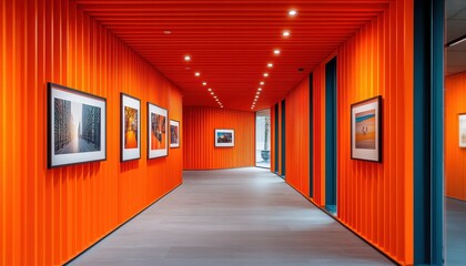 Poster - Vibrant orange wall showcases modern architectural elements with clean abstract windows capturing urban energy in a lively setting