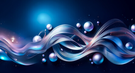Wall Mural - abstract flow of blue, purple, and silver ribbons with shiny spheres against a dark bokeh backdrop. 