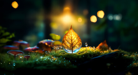 Canvas Print - illuminated leaf on mossy ground in a magical forest scene. soft bokeh lights and mushrooms create a