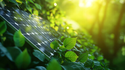 Wall Mural - Solar panels surrounded by leaves showcasing green energy concept and sustainable power solutions