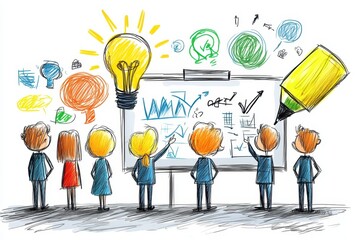 Aufkleber - Team collaborates on brainstorming session using whiteboard for innovative business ideas and strategies in a dynamic work environment