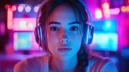 Fototapete - Woman engages in technology-focused work at her modern workspace illuminated by a glowing computer screen in the evening