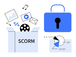 open scorm package with multimedia assets alongside a secure lock and analytics chart. ideal for e-l