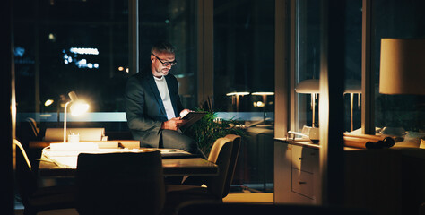 Poster - Architecture, night and mature man for ideas, urban planning and property design or floorplan. Creative agency, working late and architect with tablet, blueprint and layout for building project