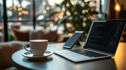 Laptop, coffee, and phone on a cafe table