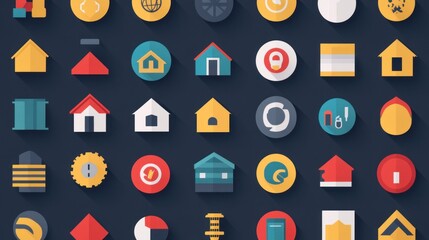 Colorful home and building icons; website design; dark background