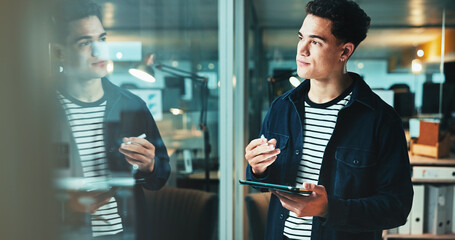 Aufkleber - Night, thinking and man on tablet for startup report, post deadline or online update research. Web design, reflection or content strategy with tech for digital marketing trends or social media growth