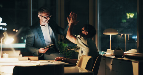 Poster - Night, programmer meeting and high five for feedback, success and overtime work for partnership. Business men, mentor and collaboration for web design, celebration or web designing deadline target