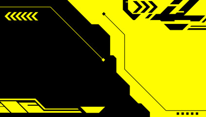 Futuristic abstract cyberpunk style background with geometric elements and technological patterns. The background is divided into black and yellow colors in technological style