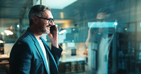 Leinwandbilder - Night, phone call and man for office startup report, post deadline or online update planning. Thinking, engagement or content strategy with tech for digital marketing agency and social media growth