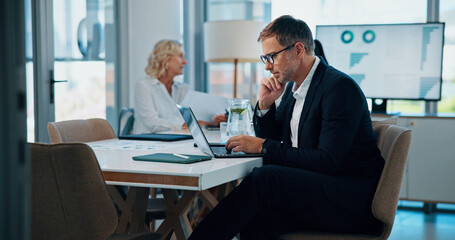Leinwandbilder - Business, man and laptop in meeting for finance research, review proposal and banking report. Person, accountant and online schedule of bookkeeping, investment feedback and company revenue for growth