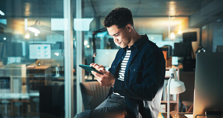 Aufkleber - Night, reading and man on tablet for startup report, post deadline or online update research. Web design, engagement or content strategy with tech for digital marketing trends or social media growth