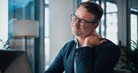 Leinwandbilder - Burnout, laptop and neck pain with business man in office administration, deadline or report. Computer, injury or stress and mature employee in workplace with cramp, discomfort or muscle stiffness