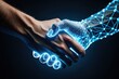 © AI by Derek - Two hands come together in a symbolic handshake, where one is human and the other is a futuristic digital representation, merging humanity and technology in harmony.