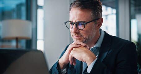 Leinwandbilder - Business, thinking and man in office, laptop and internet with problem solving, network and decision. Person, employee and accountant in workplace, computer and connection with choice and planning