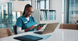 © PeakPoints/peopleimages.com - Black woman, doctor and scroll on tablet in office of xray study, lab results and schedule update. Person, online or search for radiology information, medical report and review scan of treatment plan